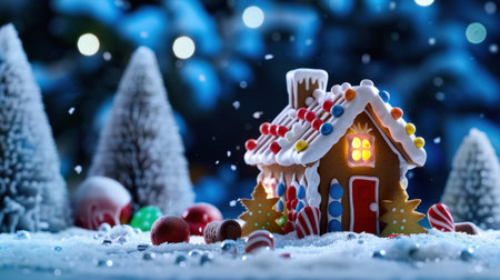 A delightful gingerbread house set in a snowy environment, featuring vibrant decorations and lights, perfect for celebrating the holiday season with warmth and joy.の素材
