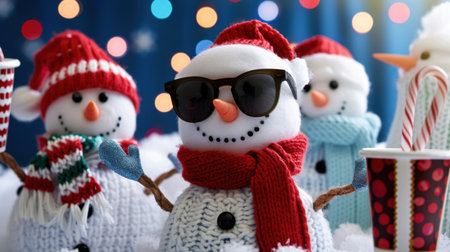 This vibrant image features cheerful snowman figurines wearing sunglasses and scarves, set against a colorful bokeh backdrop, representing winter joy.の素材