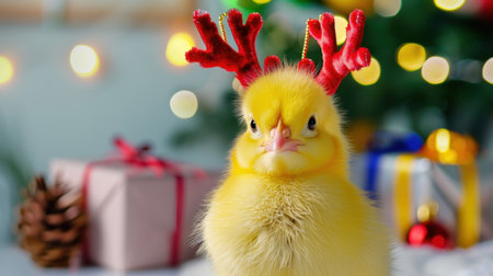 This charming image features a cute yellow chick adorned with red reindeer antlers, set against a backdrop of festive decorations and gifts. Perfect for holiday themes!の素材