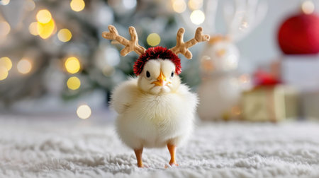 A delightful chick wearing reindeer antlers stands in a cozy, festive environment, surrounded by soft lights and colorful holiday decorations, evoking warmth and joy.の素材