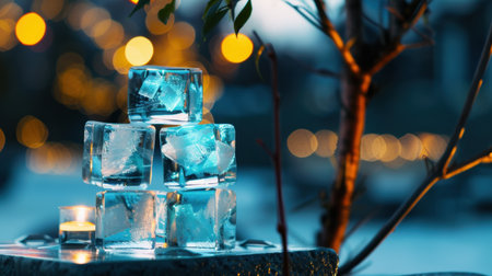 A serene composition of stacked ice cubes glimmering against a blurred bokeh background, capturing the essence of cool elegance in twilight.の素材