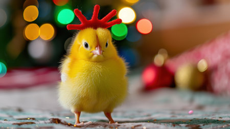 This delightful image features a fluffy yellow chick wearing a playful red crown, set against a backdrop of vibrant Christmas lights and ornaments, evoking a cheerful holiday vibe.の素材