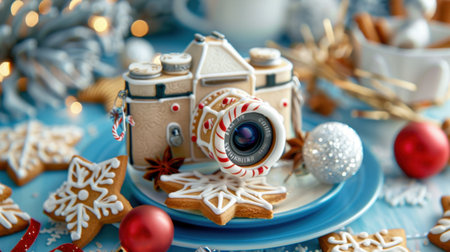 A whimsical gingerbread camera sits among holiday cookies and ornaments on a vibrant blue backdrop, capturing the essence of festive cheer.の素材