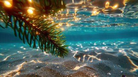 Captivating underwater scene featuring a vibrant fern with glow reflections on the crystal-clear water at a sandy seafloor, evoking tranquility and beauty.の素材