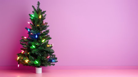 A beautifully adorned Christmas tree with colorful lights sits against a soft pink wall, perfect for creating a festive atmosphere for holiday gatherings and joyful celebrations.の素材