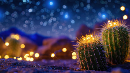 A captivating nighttime scene featuring cacti illuminated by warm fairy lights, set against a starry sky, creating a magical and serene atmosphere.の素材