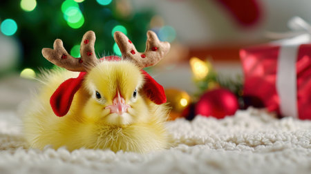 This charming image features a fluffy yellow chick adorned with Christmas antlers, surrounded by festive decorations, creating a delightful holiday atmosphere.の素材