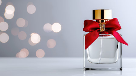 A stunning glass perfume bottle adorned with a red bow, set against a blurred bokeh background, perfect for holiday promotions or beauty marketing.の素材