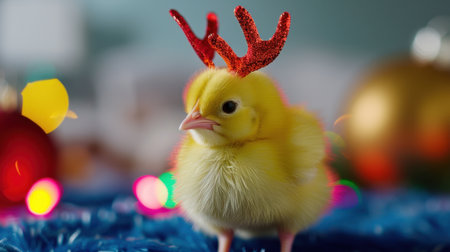 This vibrant image features a cute yellow chick adorned with festive reindeer antlers, set against a colorful holiday background filled with lights and decorations.の素材