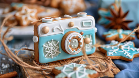 A whimsical gingerbread camera design nestled among beautifully iced cookies, capturing the essence of holiday baking and creative festivities.の素材