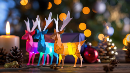 A vibrant scene with colorful paper reindeer decorations surrounded by candles and lights, creating a magical and festive atmosphere for the holiday season.の素材