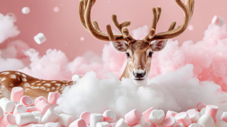 A charming and whimsical scene featuring a majestic deer peeking through fluffy clouds and pastel marshmallows, creating a dreamy and serene atmosphere.の素材