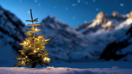 A beautifully lit Christmas tree stands alone in a winter landscape, surrounded by majestic mountains and a starry night sky, creating a serene holiday atmosphere.の素材
