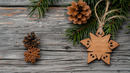 A beautiful wooden snowflake ornament alongside pinecones, set against a rustic wooden background, perfect for holiday season decoration.の素材