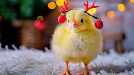 This charming yellow chick with festive reindeer antlers and ornaments captures the essence of holiday joy, making it perfect for Christmas-themed designs.の素材