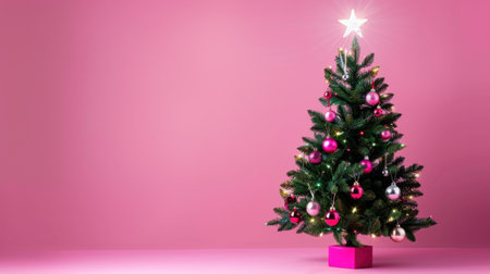 A vibrant Christmas tree adorned with pink ornaments and lights, set against a soft pink background, radiating holiday cheer and festive spirit.の素材