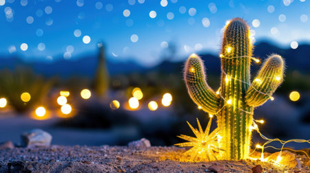 A captivating scene featuring a lone cactus adorned with string lights under a starry night sky, creating a magical and serene desert atmosphere.の素材