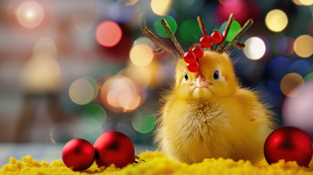 This delightful image captures a cute yellow chick adorned with Christmas antlers, set against a colorful bokeh background, highlighting the joy of the holiday season.の素材
