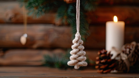 A beautiful rustic Christmas decoration featuring a handmade rope tree hung elegantly, complemented by a flickering candle and pinecones, evoking warmth.の素材