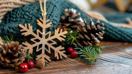 A beautifully arranged winter-themed still life featuring a wooden snowflake ornament, pinecones, lush greenery, and festive red berries, set on a rustic wooden surface.の素材