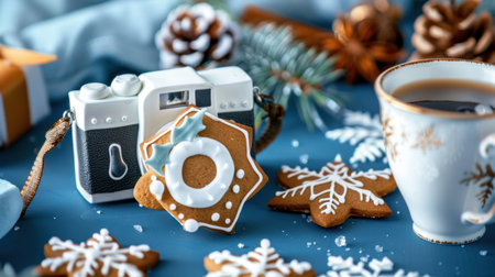 A cozy Christmas arrangement featuring a vintage camera, decorative gingerbread cookies, and a warm cup of coffee against a blue background.の素材