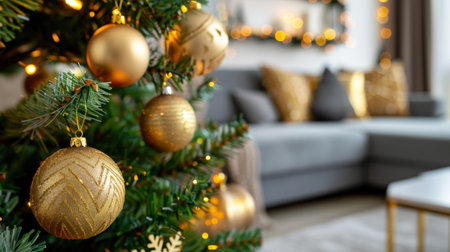 A beautifully decorated Christmas tree adorned with golden ornaments, set in a cozy living room with soft lighting. The warm ambiance evokes holiday cheer and festive spirit.の素材