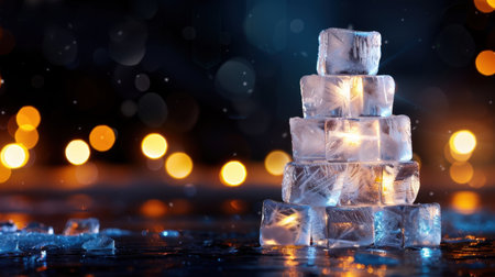A stunning arrangement of illuminated ice cubes sits against a soft bokeh background, creating a magical and refreshing ambiance, perfect for food and drink themes.の素材