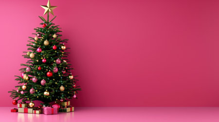 A beautiful Christmas tree adorned with colorful ornaments and shining lights, surrounded by festive presents on a vibrant pink background. Perfect for holiday designs.の素材