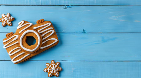 Delightful gingerbread cookie shaped like a camera rests on a blue wooden surface, accompanied by snowflake cookies, perfect for holiday baking inspiration.の素材
