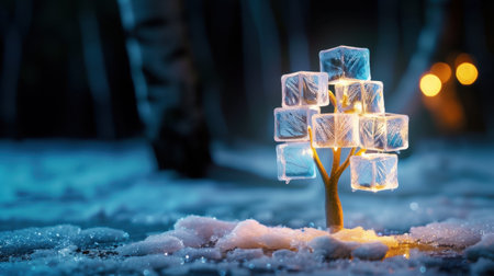 A stunning artistic creation featuring a tree made of ice cubes, glowing softly against a snowy backdrop. This magical winter scene captures the essence of tranquility and beauty.の素材