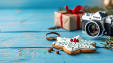A beautifully decorated snowflake cookie sits beside a vintage camera and a gift on a bright blue wooden table, capturing the essence of the festive season.の素材