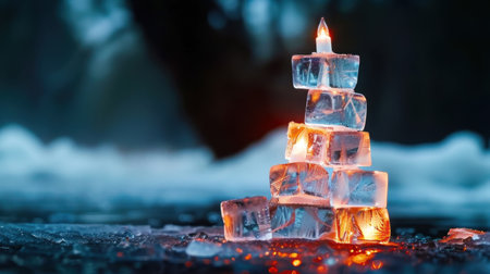A captivating arrangement of ice cubes stacked to form a tower with a flickering candle flame, creating a magical winter scene in low light.の素材