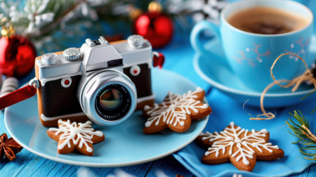 This vibrant still life captures a vintage camera surrounded by gingerbread cookies, festive decor, and a warm cup of cocoa, evoking holiday cheer.の素材