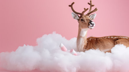 This charming image features a realistic deer figure resting on fluffy clouds against a soft pink background. Ideal for whimsical decor or creative projects.の素材