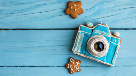 A vibrant cookie shaped like a vintage camera rests on a charming blue wooden surface, surrounded by delightful gingerbread shapes, perfect for inspiring creativity.の素材