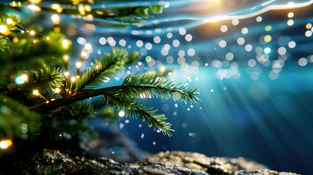A mesmerizing close-up of an evergreen branch adorned with delicate lights, creating a captivating bokeh effect. This image evokes feelings of warmth and serenity, perfect for festive themes and nature backgrounds.の素材