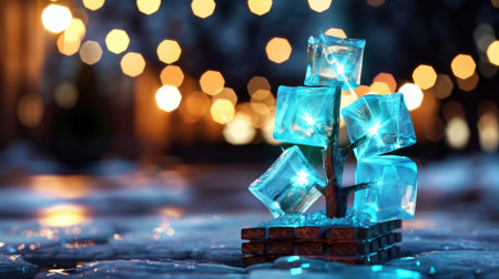 A captivating ice sculpture resembling a ship, crafted from glowing cubes, set against a beautifully blurred bokeh background. This artistic image showcases a serene and whimsical nighttime atmosphere.の素材
