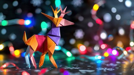 A vibrant origami deer stands out against a backdrop of twinkling Christmas lights and delicate snowflakes, perfect for holiday-themed projects.の素材