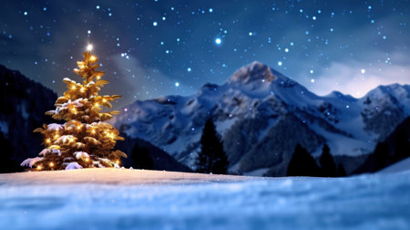 A serene snowy landscape featuring a beautifully lit Christmas tree in the foreground, set against majestic mountains under a star-filled night sky.の素材