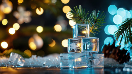 This captivating image features clear ice blocks adorned with evergreen twigs and warm lights, creating a serene winter ambiance perfect for holiday themes.の素材