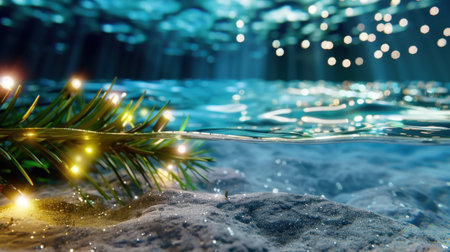 This mesmerizing underwater image features a pine branch adorned with soft lights resting on a sandy ocean floor, creating a serene and magical ambiance.の素材