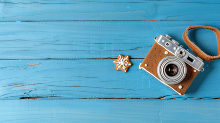 A charming vintage camera lays on a blue wooden table beside a beautifully decorated cookie shaped like a snowflake, evoking nostalgia and creativity.の素材