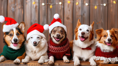 A delightful gathering of five playful dogs dressed in Santa hats and cozy sweaters, radiating holiday cheer in a warm, wooden setting. Perfect for festive themes!の素材