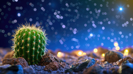 A striking image of a vibrant cactus set against a mesmerizing starry night sky, featuring soft glowing lights and rocky terrain, evoking tranquility and beauty.の素材
