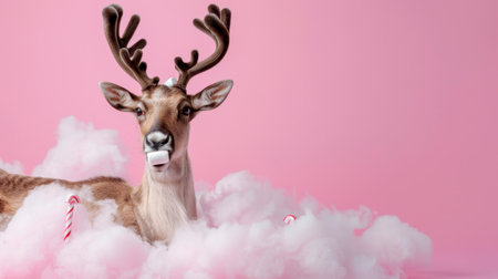 This whimsical stock photo features an adorable reindeer playfully surrounded by fluffy clouds and festive candy canes, evoking a joyful holiday spirit.の素材