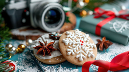 A festive arrangement featuring beautifully decorated cookies and a vintage camera, perfect for capturing holiday moments and celebrations.の素材