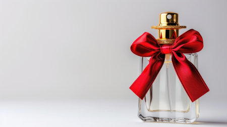 This stunning perfume bottle features a sleek design and a striking red bow, making it a perfect gift for celebrations, holidays, or special moments.の素材
