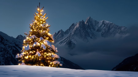 A stunning snowy Christmas tree adorned with warm lights stands proudly in a serene winter landscape, framed by majestic mountains under a dusky sky.の素材