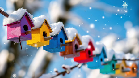A row of vibrant birdhouses blanketed in fresh snow, showcasing a cheerful winter scene. The bright colors contrast beautifully with the serene blue sky, making it a captivating portrayal of seasonal charm. Snowflakes fall gently, completing this picturesque outdoor view.の素材