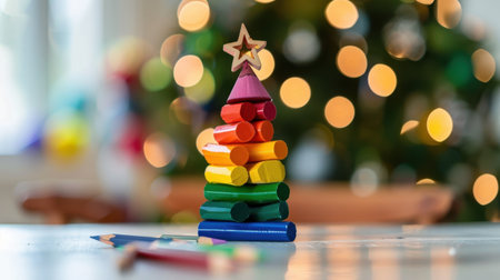 A vibrant wooden stacking toy designed as a Christmas tree sits on a table, with a blurred, festive background creating a cheerful holiday atmosphere.の素材